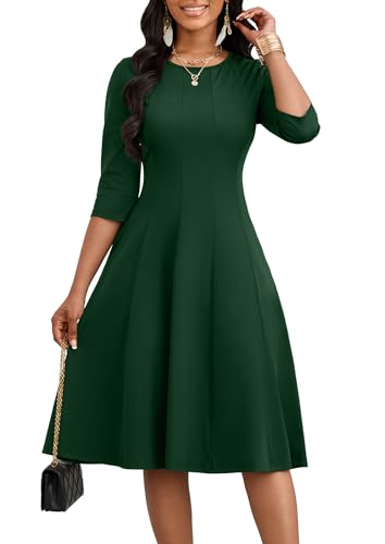 Image of CLOCOR Casual Midi Dresses for Women A-Line Fit and Flare Elegant Church 3 /4 Sleeve Crew Neck Dress with Pocket