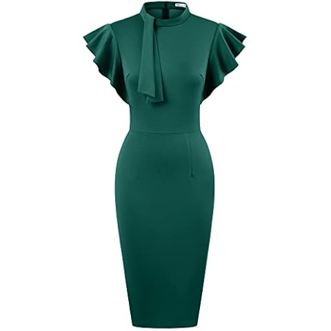 MUXXN Women's Classic 1930s Tie Neck Ruffle Sleeve Bodycon Fitted Cocktail Formal Pencil Dress, Dark Green, Large Cover
