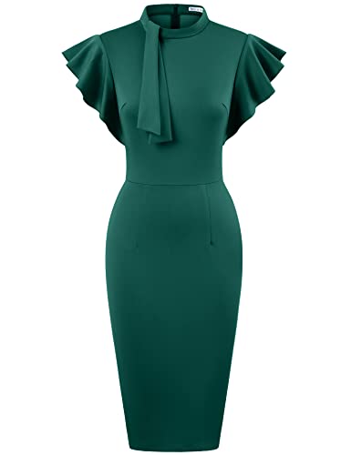 MUXXN Klassisches Damen-Bleistiftkleid im Stil der 30er-Jahre, mit Rüschenärmeln, figurbetont, tailliert, Cocktailkleid, Dark Green, X-Groß Cover