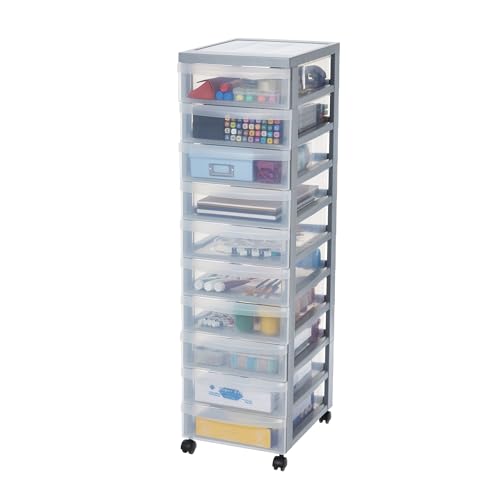 Iris Ohyama, Tour de rangement plastique, 10 tiroirs rangement Bureau de 7L, Poignée incrustrée, 4 roues Amovibles, DC-010, Gris- L29 x P40 x H100.5 cm