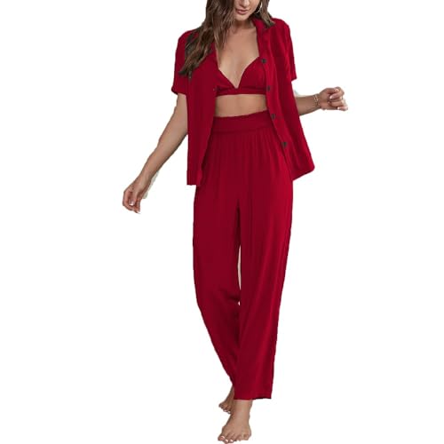 Pijama de mujer de manga larga, cuello redondo, traje de ocio, traje de ocio, monocolor, traje de dos piezas, ropa de estar informal, ropa de dormir for mujer, traje de ocio ( Color : Red , Size : Med