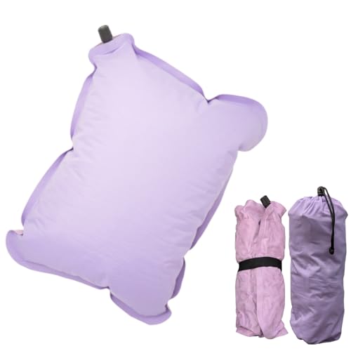 パステルカラー インフレーターピロー 枕 クッション パープル 自動膨張 リバーシブル 収納袋付き