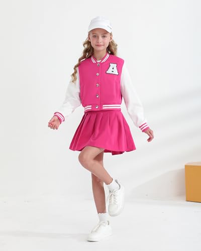 YOURUIKEY Girls 2 Piece Outfits Skirt Set Button up Jacket Sweatshirt and Pleated Mini Skirts Fall Winter Clothes Size 7-14Y