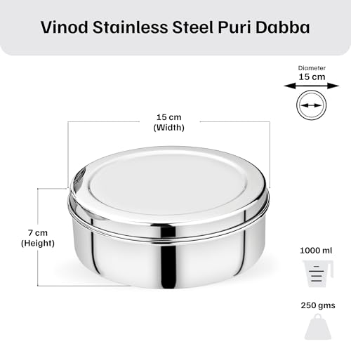 Image of Vinod Stainless Steel Puri Dabba | 1000ml Capacity, 15cm Diameter | Multipurpose Stainless Steel Flat Storage Container for Puri, Snacks, Dry Food, Tiffin & Travel Use