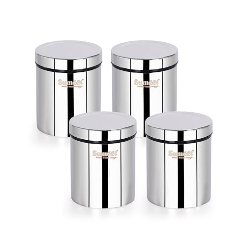 Image of Sumeet ISI Certified Stainless Steel Air Tight Storage Container /Jar /Canister /Dabba with Threading Screw Cap for Kitchen - Pack of 4Pc, 8.3cm, 450ml, Silver