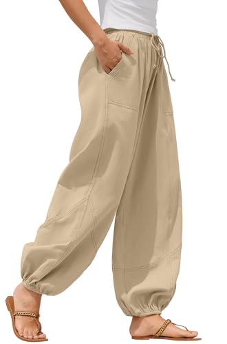 ZAFUL Women Casual Linen Pants Lightweight Drawstring Elastic Waist Lounge Beach Summer Pants with Pockets Apricot XXL