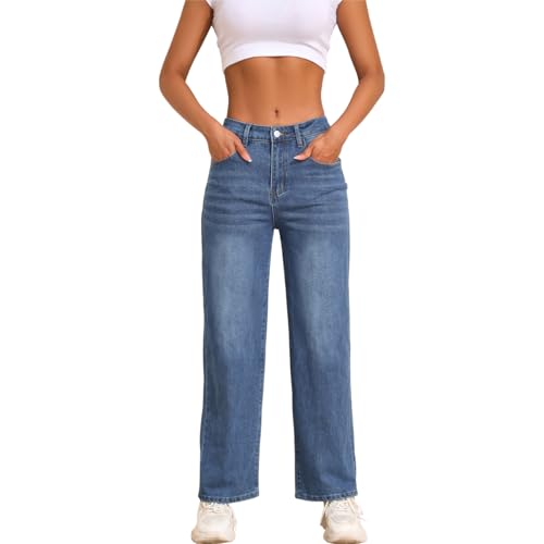 Women's Wide Leg Jeans Casual High Waisted Straight Jeans Stretch Denim Pants with Pockets