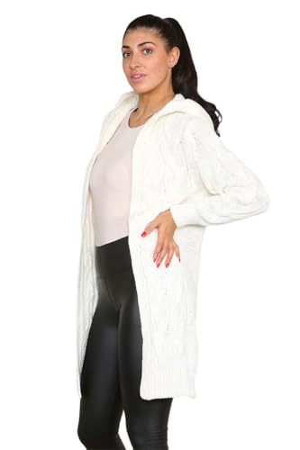WearAll Women Ladies Cardigan Cable Knitted Oversized Long Hooded Chunky Jumper Cape Open Front Collarless Knit Top Cream Size 8-16