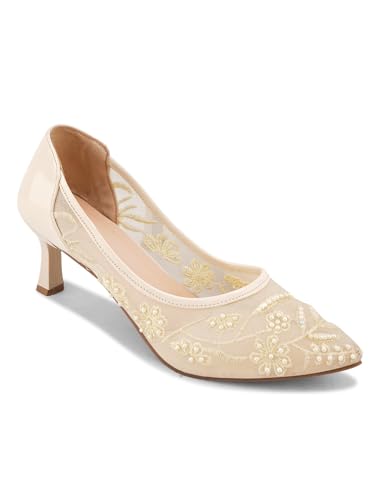Image of TRYME Floral Embroidered Stiletto Heels for Women | Elegant Mesh High Heels with Stylish Feminine Design
