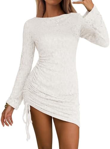 EXLURA Womens Fall Sexy Bodycon Mini Dress Long Sleeve Drawstring Lace Club Party Dresses 2025 Cocktail Wedding Clothes