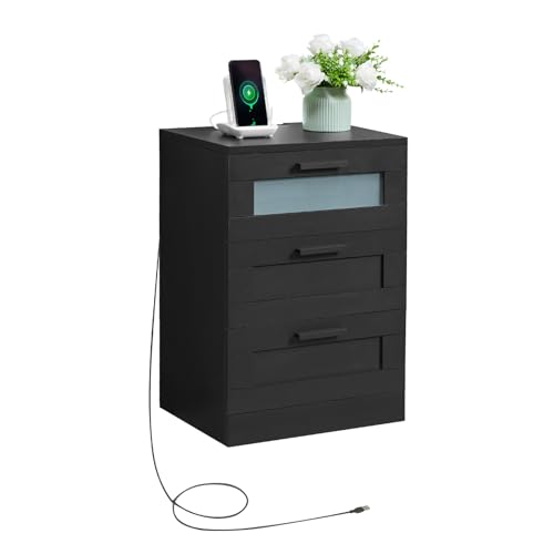 OCTTZ Tables de Chevet avec 3 Tiroirs, Table de Nuit avec Éclairage LED et Ports USB et Type-C, Table d’Appoint Moderne pour Chambre à Coucher, Salon,...