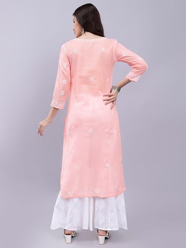 Image of Seva Chikan Hand Embroidered Lucknowi Chikankari Terivoil Cotton Regular Fit Straight Kurta for Women SCL4351