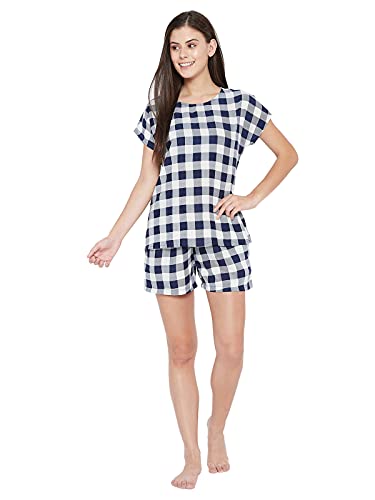 Image of Clovia Women's Crepe Classy Checks Button Down Shirt & Shorts Set - Blue