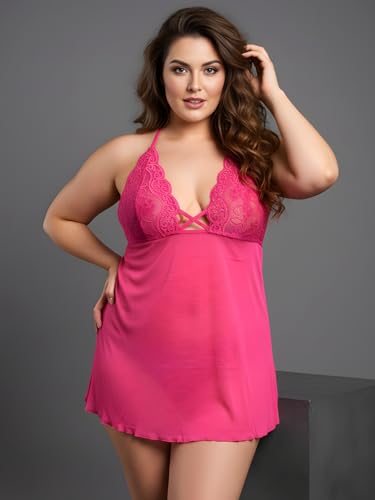 Image of Xs and Os Women's Polyester Spandex Mix & Lace Solid Midi Babydoll Lingerie with Panty