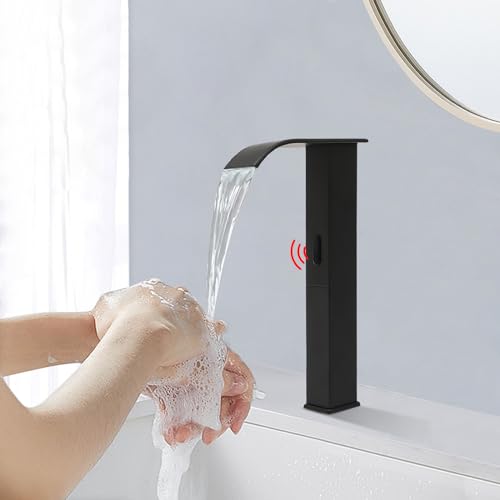Grifo de baño con sensor automático por infrarrojos, grifo de lavabo sin contacto, acero inoxidable, grifo de agua caliente y fría, funciona con pilas, altura 32 cm