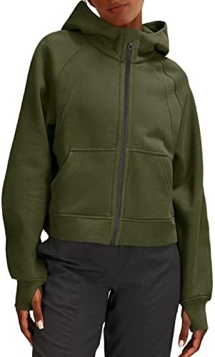 LASLULU Womens Athletic Hoodies Zipper Long Sleeve Crop Tops Oversized Winter Warm Sweater Fleece Lined Sweatshirt Workout Tops with Thumb Hole(Army Green-Medium)