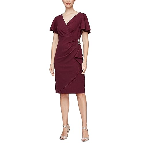 S.L. Fashions Women's Midi V-Neck Sheath Cocktail Dress W/Flutter Sleeves, Wedding Guest (Petite and Regular Sizes)