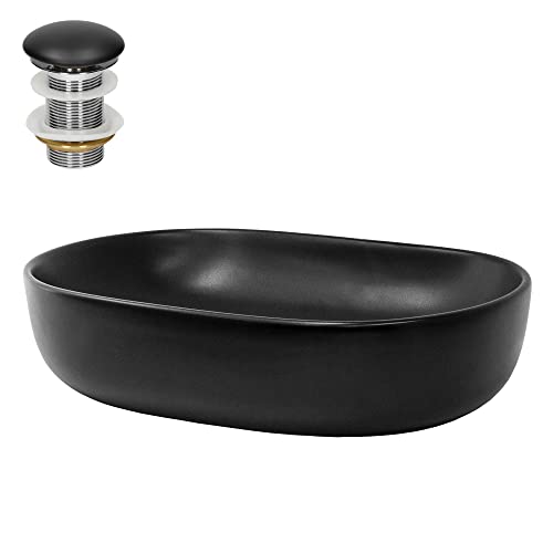 LuxeBath Waschbecken Keramik 600x420x145 mm oval Schwarz mit Ablaufgarnitur Schwarz, Aufsatzwaschbecken für Badezimmer/Gäste-WC, Aufsatzbecken modern, Waschtisch Waschschale Waschplatz Handwaschbecken