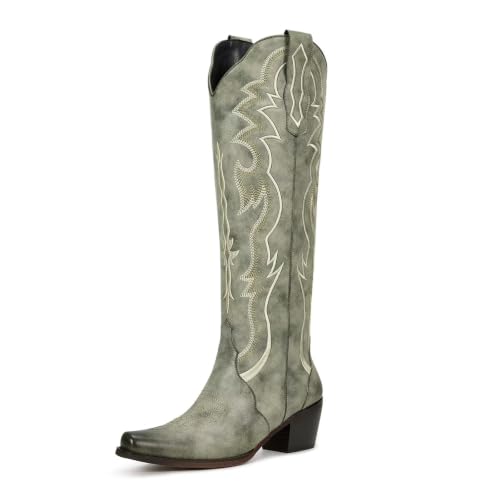 Image of wetkiss Cowboy Boots for Women Knee High, Low Heeled Stable and Comfortable | Knee High Cowgirl Boots,Western Boots with Embroidery,Pull On,Slip On,Non-slip Rubber Sole,Soft and Breathable PU Leather