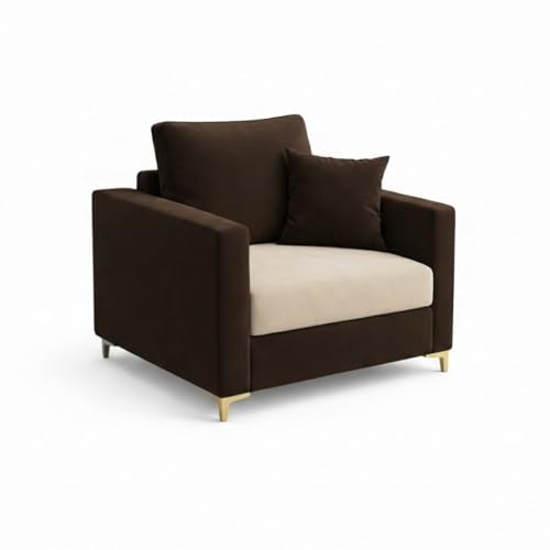 Image of Hayes Dual Tone Rich Velvet Suede 3+1+1 Seater Sofa Set | Golden Aesthetic Legs | Soft Touch Comfort Seating | 5 Person Seating | Modern Living Room Set (Dark Brown & Cream)