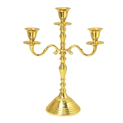 Image of 3 Arm Aluminum Candelabra Gold Finished 12 Inch Candelstick Holders Gothic Decorations | Candle Holder for Home Decor, Wedding & Centerpiece for Dining Table