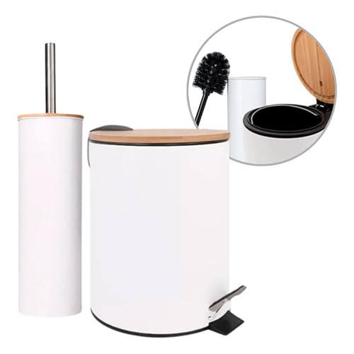 Amig - Set aus Mülleimer und WC-Bürstenhalter Naturline - Ø168 x 230 mm - Edelstahl und Bambus - Farbe Weiß - Kompaktes und abgestimmtes Bad-Set - Ideal für Moderne und natürliche Räume