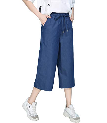 Sunfan Women's Elastic Waist Wide Leg Casual Palazzo Capri Jeans Culottes Pants with Drawstring3