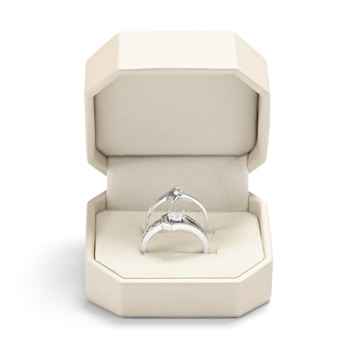 Oirlv Octagonal PU Leather Double Ring Box Couple Ring Storage Case, Cream Wedding Gift Box for Two Rings