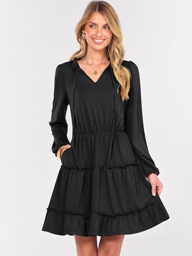 Caracilia Long Sleeve Dress for Women Fall 2025 Casual V Neck High Waist Tiered Ruffle Aline Swing Tunic Short Mini Dresses2