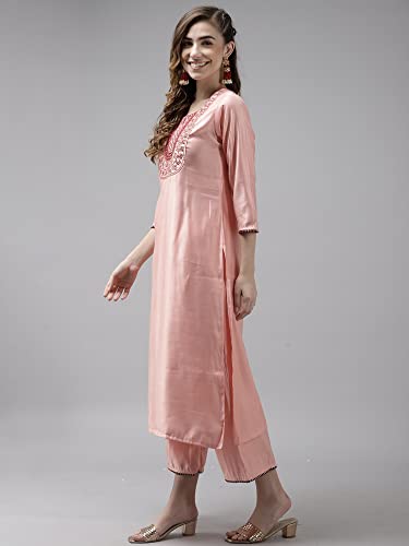 Image of INDO ERA Women's Cotton Blend; Organza & Rayon Kurta Palazzo With Dupatta Set
