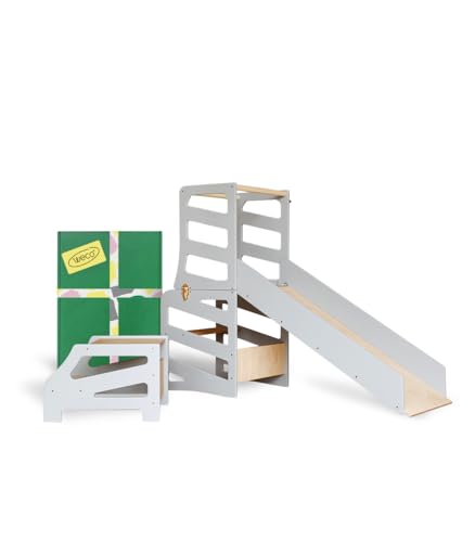 WECO Montessori Kinder Lernturm 3 in 1 Streifen Design mit Rutsche und Tritthocker FSC Zertifikat Schreibtisch Montessori Möbel Küchenhelfer klappbar Stylisch Lernturm (Grau)