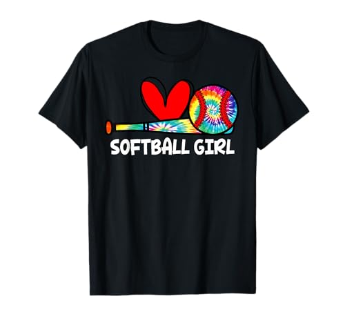 Softball Girl Tie Dye Heart Ball Cute Girls Softball T-Shirt
