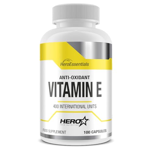 HERO TECH | VITAMIN E 100 caps. | Suplemento de Vitamina E | Fortalece el cabello | Potente Antioxidante | Antiedad | Sin OGM (Organismos Modificados Genéticamente)