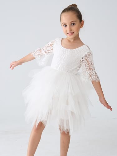 2Bunnies Girl Peony Lace Back A-Line Tiered Tutu Tulle Flower Girl Dress (White Bell Sleeve, 5)