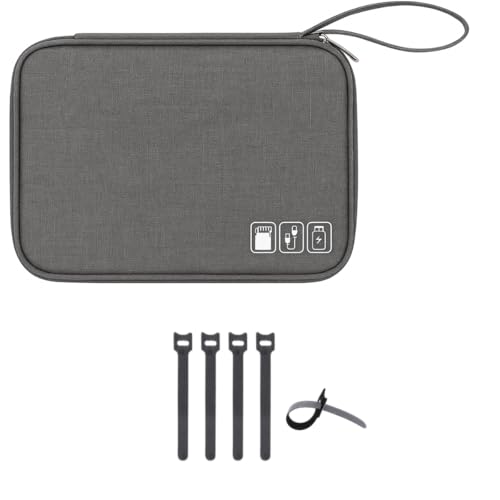 Bolsa Organizadora de Cabos e Fios com Zíper, Alça de Mão e 5 Presilhas Adesivas – Estojo Compacto para Viagem, Casa e Escritório (Cinza)