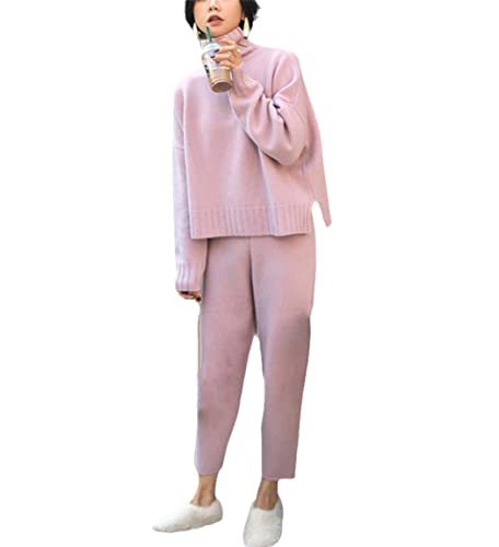Ensemble 2 pièces rose en maille avec pull col roulé et pantalon S
