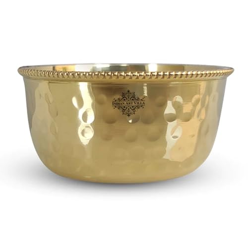 Indian Art Villa Pure Brass Hammered Beeded Design Flat Bottom Bowl, Decorative Dinnerware, Tableware and Serveware for Home Hotel Restaurant, Volume-5 Oz, Set of 6