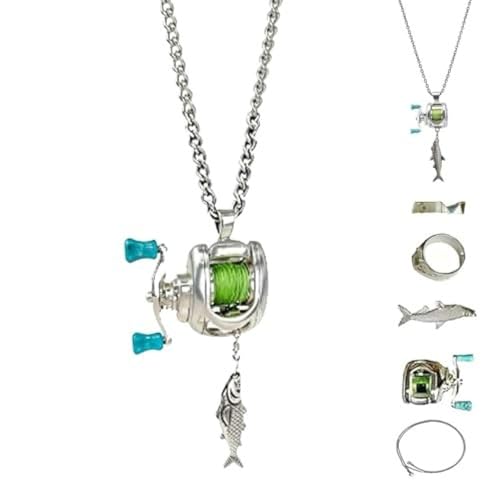 Mini Fishing Reel Necklace, Rotating Handle & Moving Line Guide,