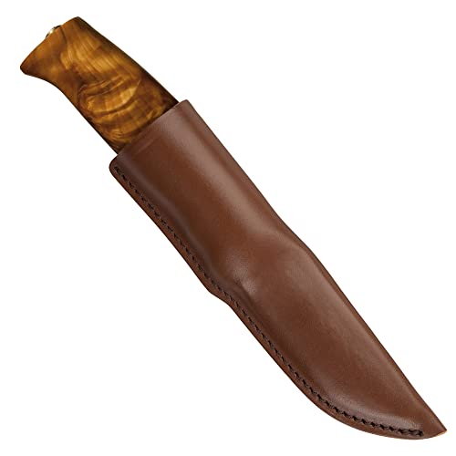 Helle Knives - Fjellkniven - H3Ls - Men's Outdoor Knife For Hunting And Camping, Fixed Blade With Curly Birch Wood Handle, Triple Laminated Stainless Steel - Scandi Grind - Leather Sheath #TOP1