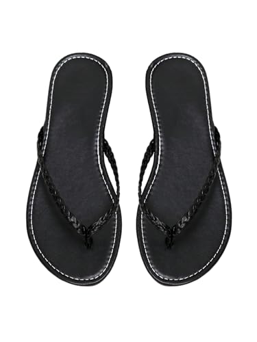 GORGLITTER Women's Leather Flip Flops Braided Sandals Summer Beach Vacation Open Toe Thong Slip on Slides