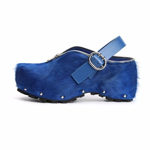 Image of XOBZJH Women's Natural Cow Print Fur Platform Clogs with Decorative Zipper & Adjustable Buckle Strap - Western Slip-On Punk Rivet Mules with Arch Support, Chunky Retro Rustic Style