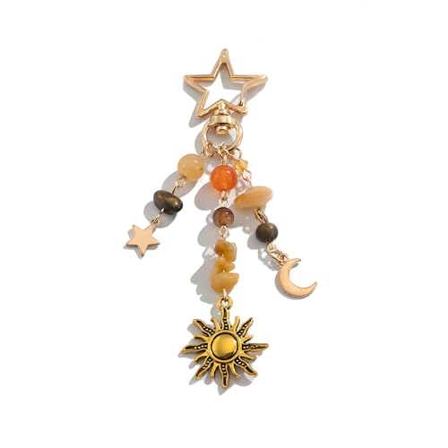 Braruo Boho Sun Moon Star Keychain for Women, Gemstone Crystal Key Ring, Bohemian Tassel Purse Charm, Spiritual Astrology Gift for Bag Car Keys