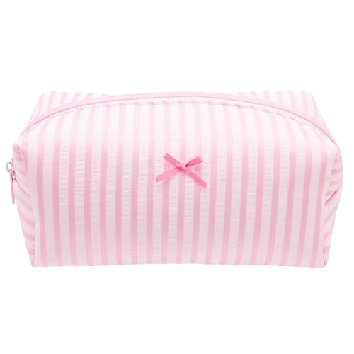 PAZIMIIK Cozy Makeup Bag for Women,Zipper Cosmetic Pouch,Stripe Cute Pink