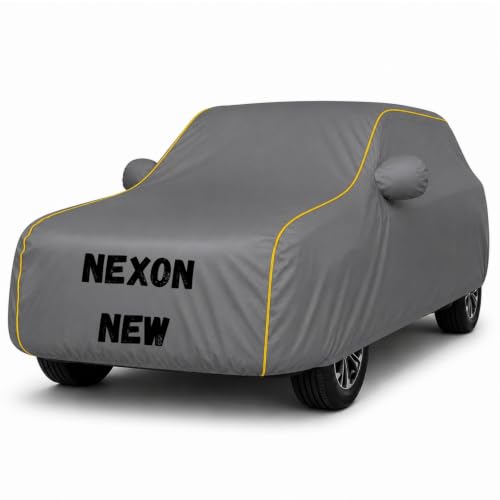 Image of Premium Waterproof Car Cover for Nexon New | Soft Cotton Lining Heavy Duty Triple Stitched Heat Resistant Outdoor Cover Comes with Mirror and Antenna Pocket Full Bottom Elastic (Zig Zag Grey)