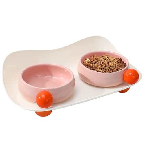 Singhoow Set of 2 Elevated Cat Food Bowl Double Ceramic Raised Cat Bowls with Non Slip Stand 2 Cat Dishes for Food and Water Dishwasher Safe Ceramic Dog Bowl for Indoor Small Dog Pet Puppy Cat, 10.1oz