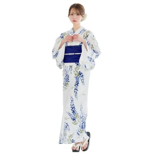 [ANDESIR] アンデジール 浴衣 4点セット チューリップ 藤 紫陽花 菊 あじさい 花柄 ゆかた しわ兵児帯 腰ひも 白 (はんなり青藤さがり【帯ネイビー】, FreeSize)の商品画像（Amazon）