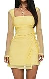 Remxi Women Mesh Long Sleeve Short Dresses Y2K Square Neck Wrap Bodycon Dress Cocktail Party Mini Dress Yellow L
