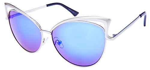 Fashion Oversized Metal Cat Eye Sunglasses Color Mirror & Gradient Lens for Women UV400 Protection (Matte Silver Frame/Blue white mirrored lens, 62)2