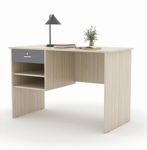 Image of 116x75x56CM Engineered Wood Verto Study & Office Table with Smooth Lockable Drawer and 2 Shelves for Storage | Sturdy, DIY Counter, Commercial Table- Acacia Light with Grey