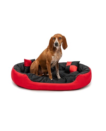 lionto Hundebett 4-in-1 mit Wendekissen aus robustem Oxford, 85x70 cm, Heimtierkissen Kratzfest mit tiefem Einstieg für Katzen und Hunde Aller Größen, inkl. Zierkissen, wasserabweisend, rot/schwarz